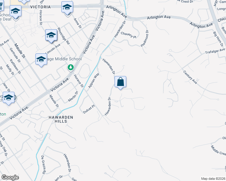 map of restaurants, bars, coffee shops, grocery stores, and more near 6174 Hawarden Drive in Riverside