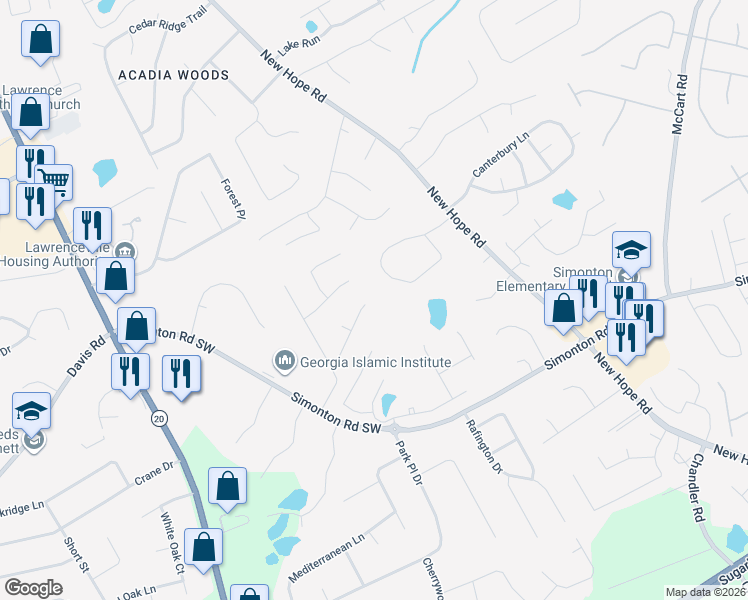map of restaurants, bars, coffee shops, grocery stores, and more near 36 Springcrest Trail in Lawrenceville