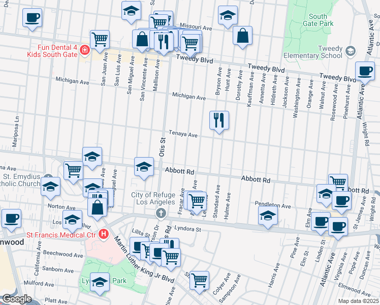 map of restaurants, bars, coffee shops, grocery stores, and more near 10514 Bowman Avenue in South Gate