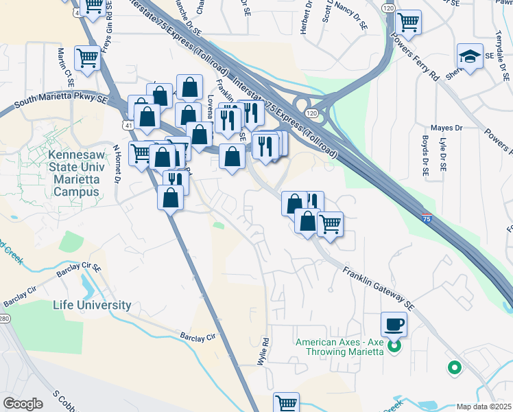 map of restaurants, bars, coffee shops, grocery stores, and more near 306 Augusta Drive in Marietta
