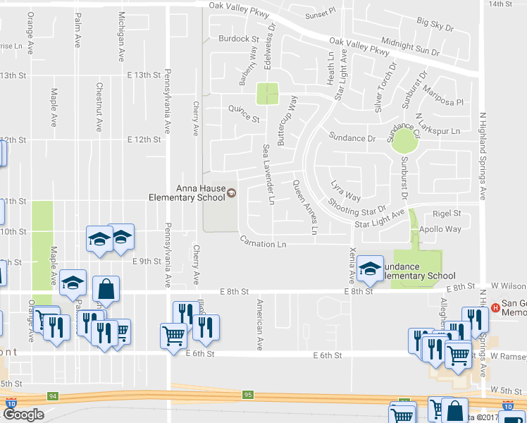 map of restaurants, bars, coffee shops, grocery stores, and more near 1394 Bouvardia Place in Beaumont