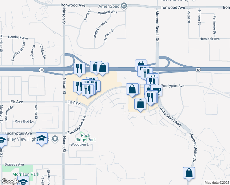 map of restaurants, bars, coffee shops, grocery stores, and more near 12707 Tigers Eye Way in Moreno Valley