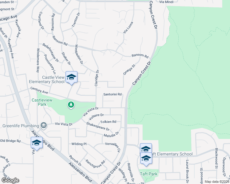 map of restaurants, bars, coffee shops, grocery stores, and more near 1192 Santorini Road in Riverside
