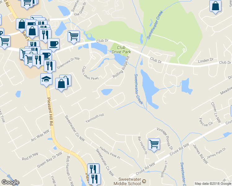 map of restaurants, bars, coffee shops, grocery stores, and more near 3345 Haverhill Rowe in Lawrenceville