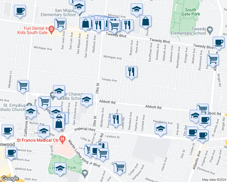 map of restaurants, bars, coffee shops, grocery stores, and more near 10514 Bowman Avenue in South Gate