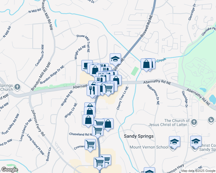 map of restaurants, bars, coffee shops, grocery stores, and more near 6633 Roswell Road Northeast in Sandy Springs