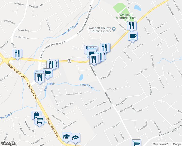 map of restaurants, bars, coffee shops, grocery stores, and more near 1264 Stella Court in Lawrenceville