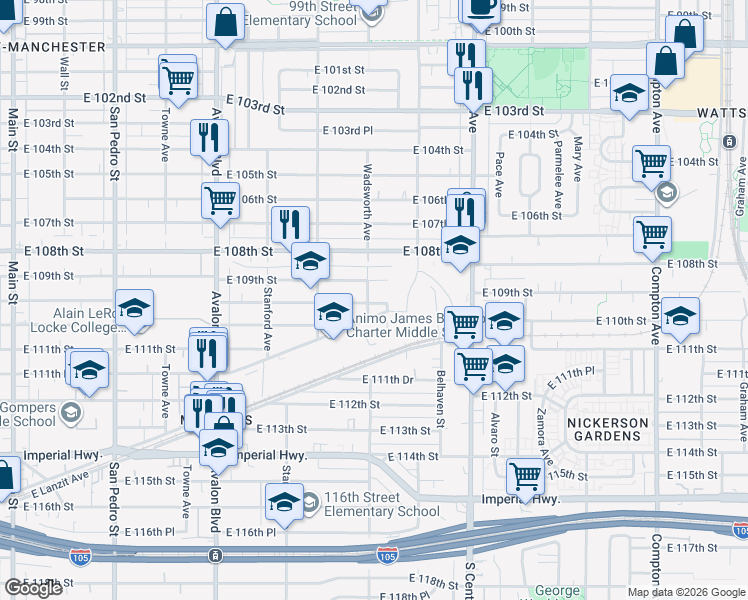 map of restaurants, bars, coffee shops, grocery stores, and more near 907 East 109th Place in Los Angeles