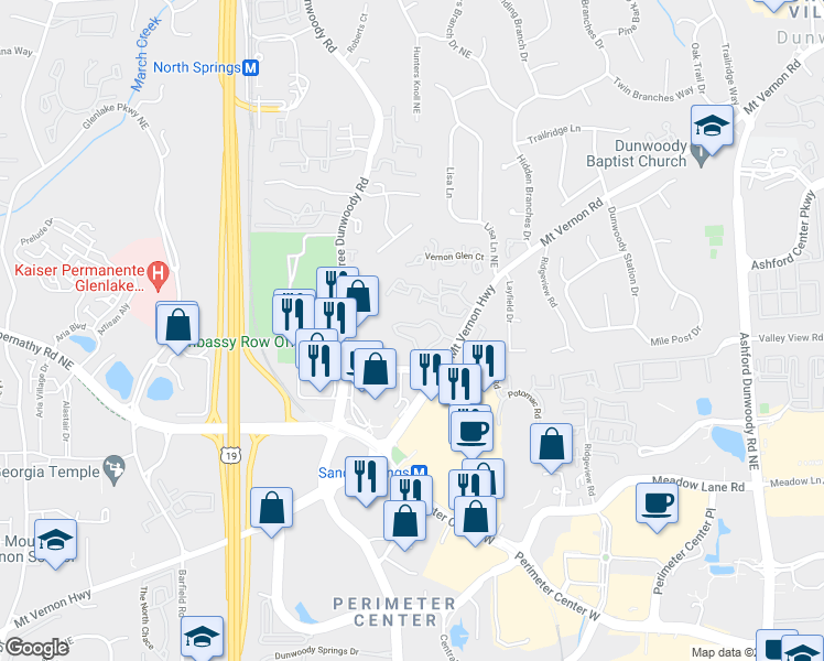map of restaurants, bars, coffee shops, grocery stores, and more near 74 Mount Vernon Circle in Dunwoody