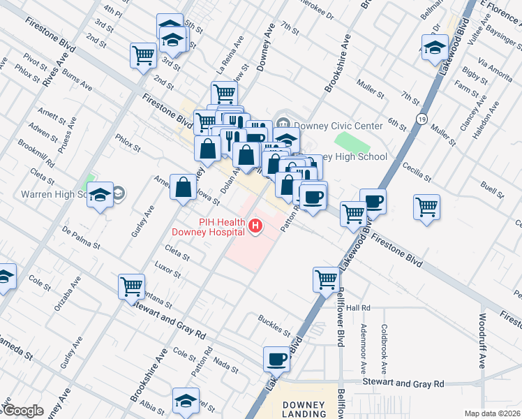 map of restaurants, bars, coffee shops, grocery stores, and more near 11410 Brookshire Avenue in Downey