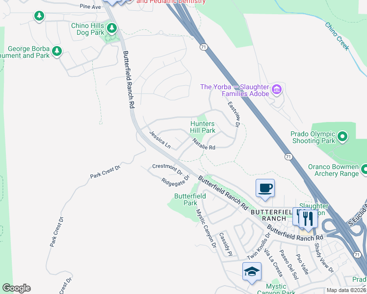 map of restaurants, bars, coffee shops, grocery stores, and more near 17435 Kelsey Way in Chino Hills