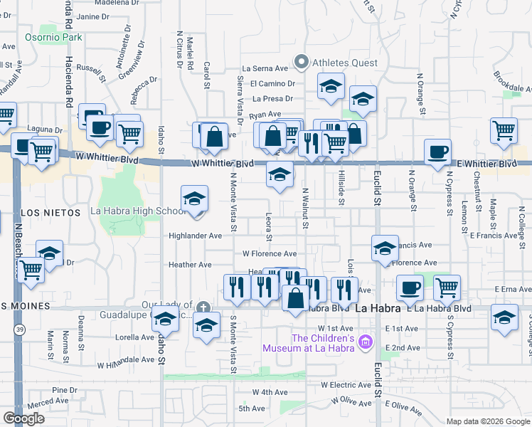 map of restaurants, bars, coffee shops, grocery stores, and more near 601 West Greenwood Avenue in La Habra
