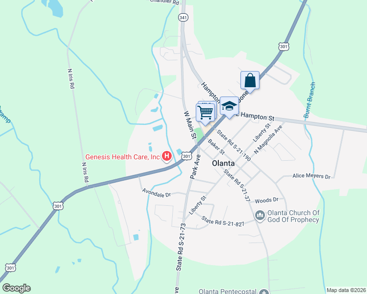 map of restaurants, bars, coffee shops, grocery stores, and more near 121 South Jones Road in Olanta
