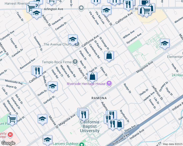 map of restaurants, bars, coffee shops, grocery stores, and more near 8240 Garfield Street in Riverside