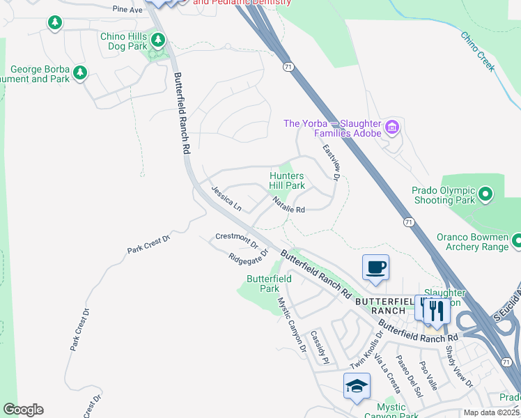 map of restaurants, bars, coffee shops, grocery stores, and more near 17435 Kelsey Way in Chino Hills