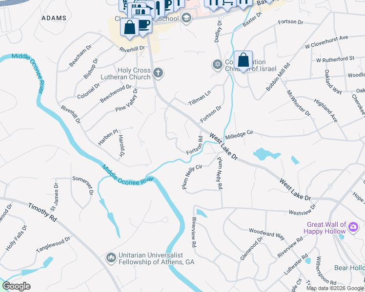map of restaurants, bars, coffee shops, grocery stores, and more near 555 Fortson Road in Athens