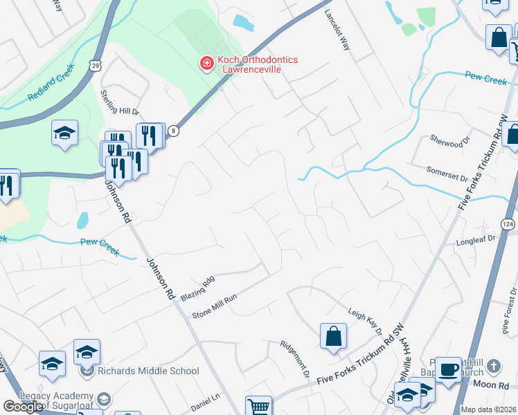 map of restaurants, bars, coffee shops, grocery stores, and more near 1012 Stone Mill Way in Lawrenceville