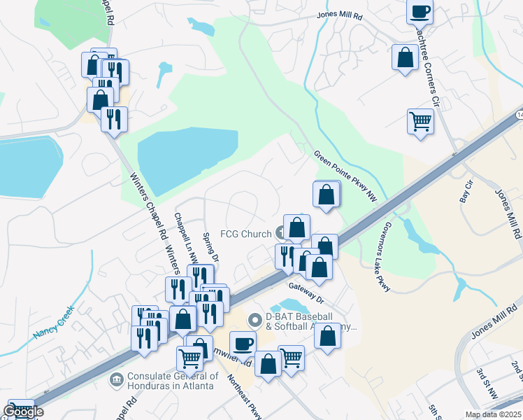 map of restaurants, bars, coffee shops, grocery stores, and more near 7125 Chappell Circle Northwest in Atlanta