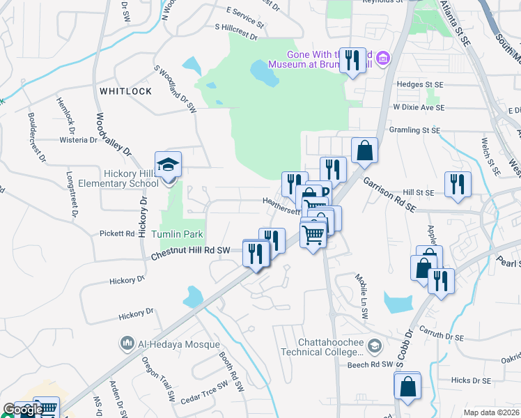 map of restaurants, bars, coffee shops, grocery stores, and more near 236 Pam Lane Southwest in Marietta