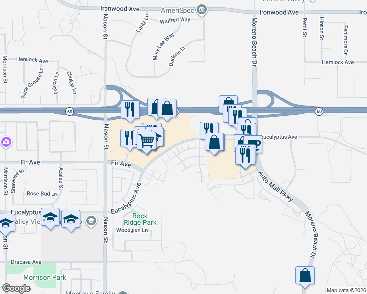 map of restaurants, bars, coffee shops, grocery stores, and more near 12704 Ironstone Way in Moreno Valley