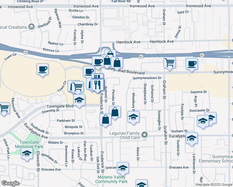 map of restaurants, bars, coffee shops, grocery stores, and more near 23107 Yarborough Drive in Moreno Valley