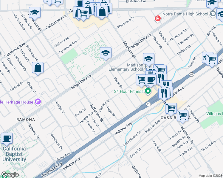 map of restaurants, bars, coffee shops, grocery stores, and more near 3628 Lillian Street in Riverside