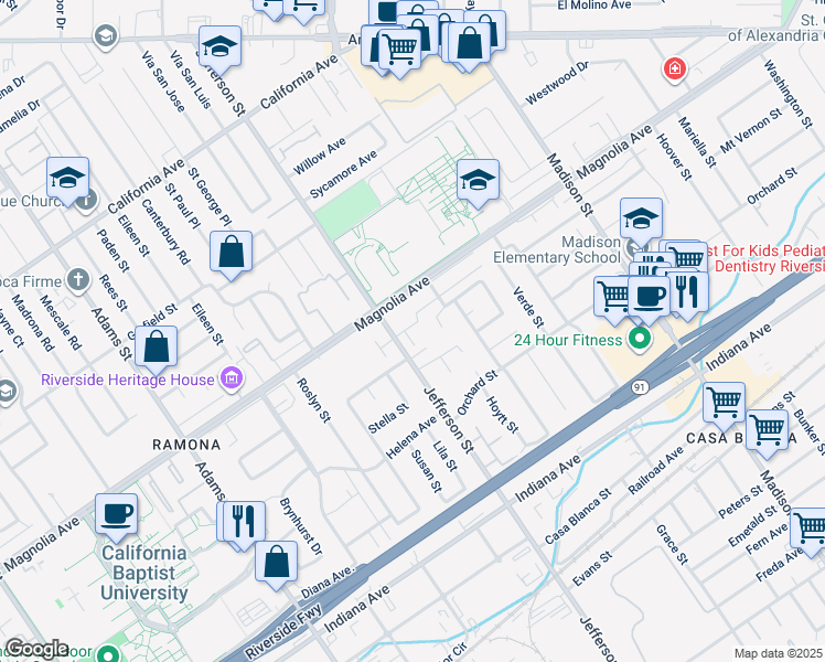 map of restaurants, bars, coffee shops, grocery stores, and more near 3715 Jefferson Street in Riverside