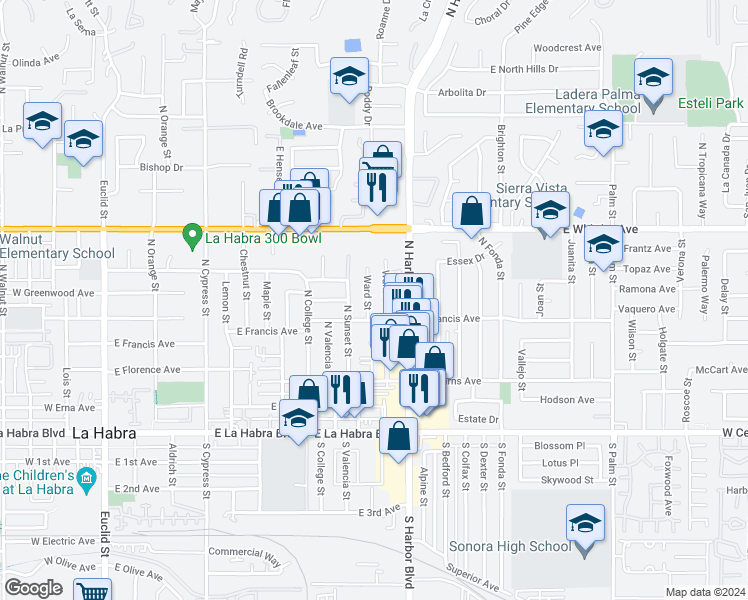 map of restaurants, bars, coffee shops, grocery stores, and more near 1025 East Francis Avenue in La Habra