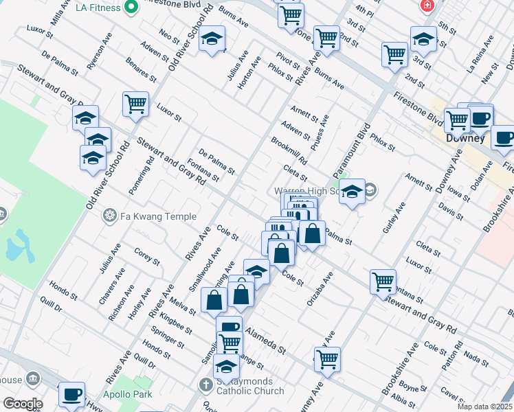 map of restaurants, bars, coffee shops, grocery stores, and more near 7871 Stewart and Gray Road in Downey