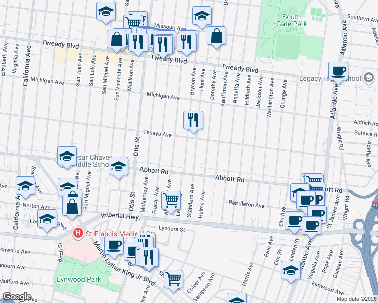 map of restaurants, bars, coffee shops, grocery stores, and more near 10526 Bryson Avenue in South Gate
