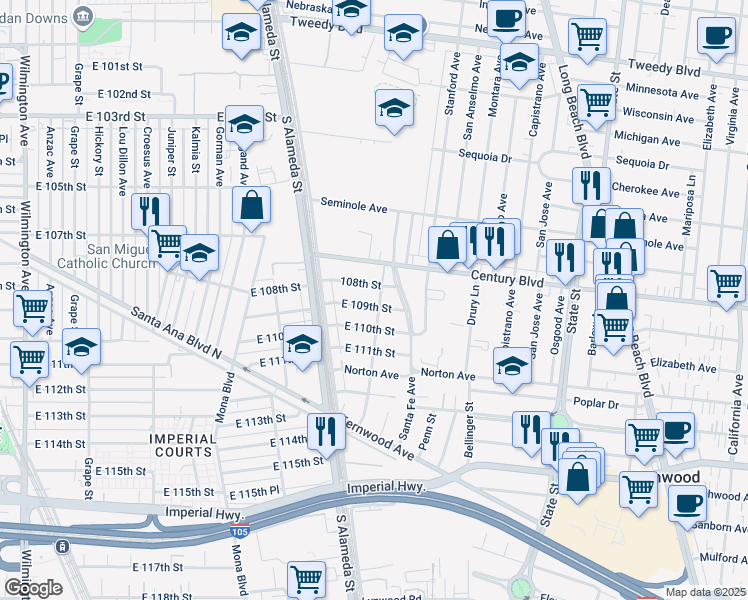 map of restaurants, bars, coffee shops, grocery stores, and more near 2664 East 109th Street in Lynwood