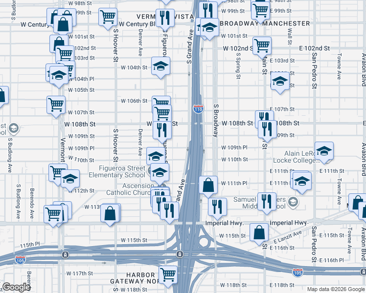 map of restaurants, bars, coffee shops, grocery stores, and more near 411 West 110th Street in Los Angeles