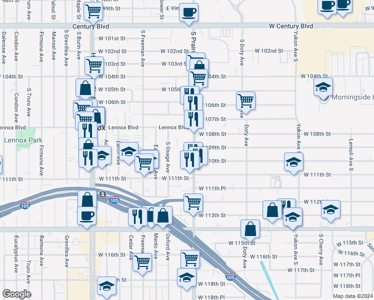 map of restaurants, bars, coffee shops, grocery stores, and more near 1923 West 110th Street in Inglewood