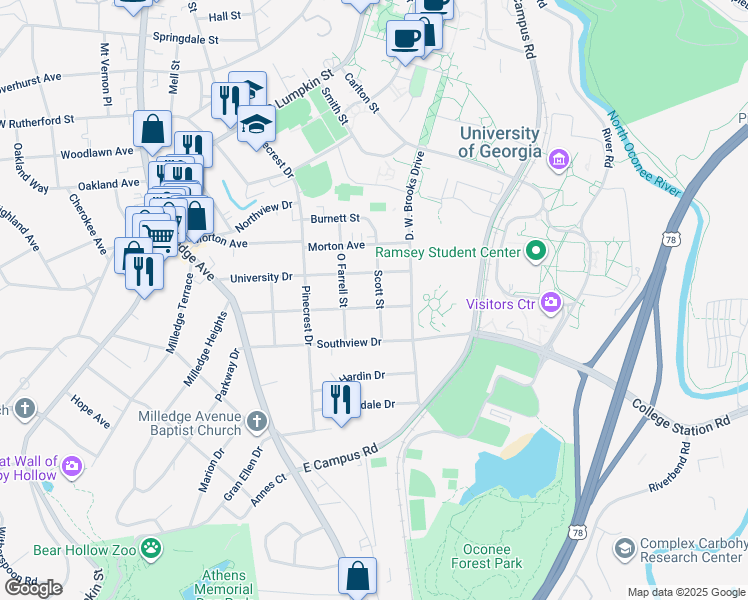map of restaurants, bars, coffee shops, grocery stores, and more near 455 Scott St in Athens
