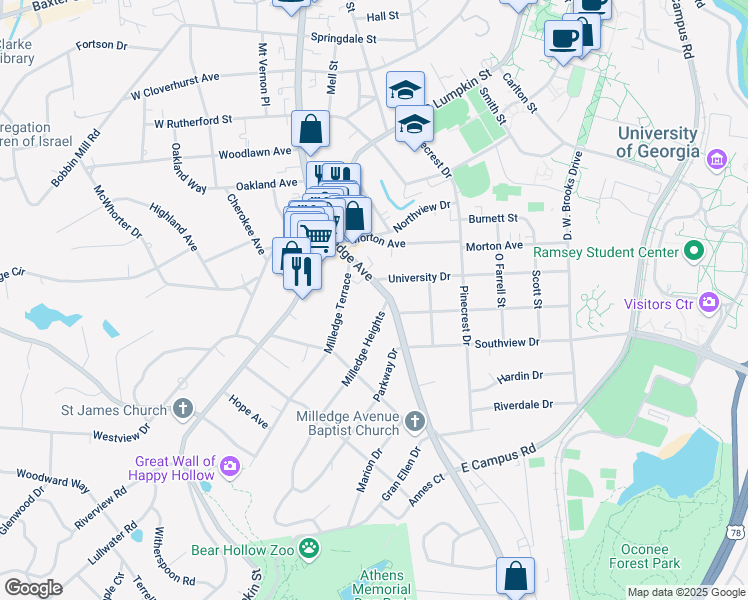 map of restaurants, bars, coffee shops, grocery stores, and more near 112 Milledge Heights in Athens