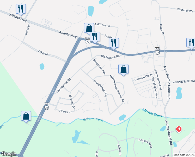 map of restaurants, bars, coffee shops, grocery stores, and more near 190 Stonehenge Way in Bogart