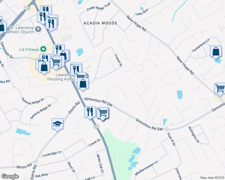 map of restaurants, bars, coffee shops, grocery stores, and more near 150 Forest Ridge Court Southwest in Lawrenceville