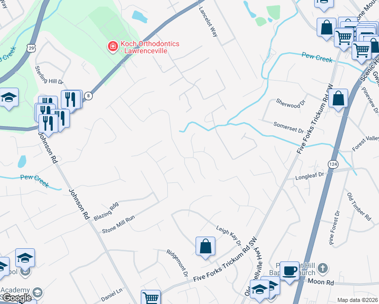 map of restaurants, bars, coffee shops, grocery stores, and more near 521 Thornbush Trce in Lawrenceville