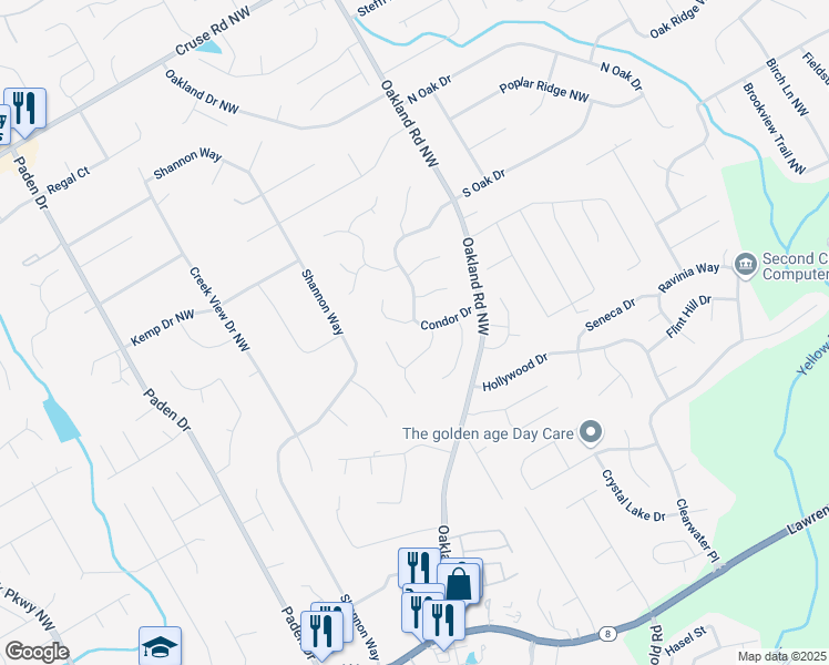 map of restaurants, bars, coffee shops, grocery stores, and more near 2303 Condor Drive in Lawrenceville