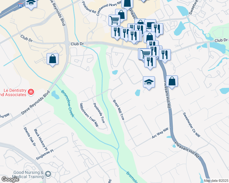 map of restaurants, bars, coffee shops, grocery stores, and more near 1451 Brays Mill Trce in Lawrenceville