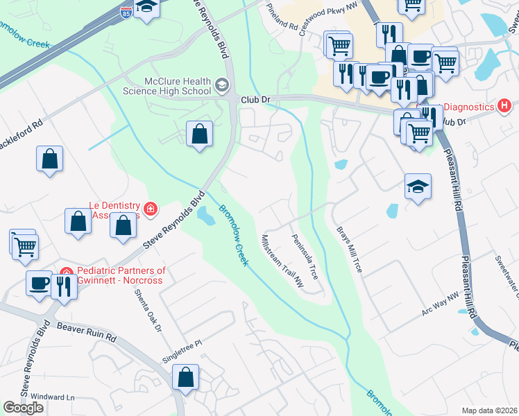 map of restaurants, bars, coffee shops, grocery stores, and more near 3975 Creek Water Court in Lawrenceville