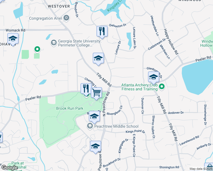 map of restaurants, bars, coffee shops, grocery stores, and more near 4962 Tilly Mill Road in Dunwoody