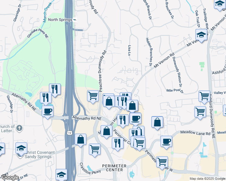 map of restaurants, bars, coffee shops, grocery stores, and more near 6615 Peachtree Dunwoody Road in Atlanta