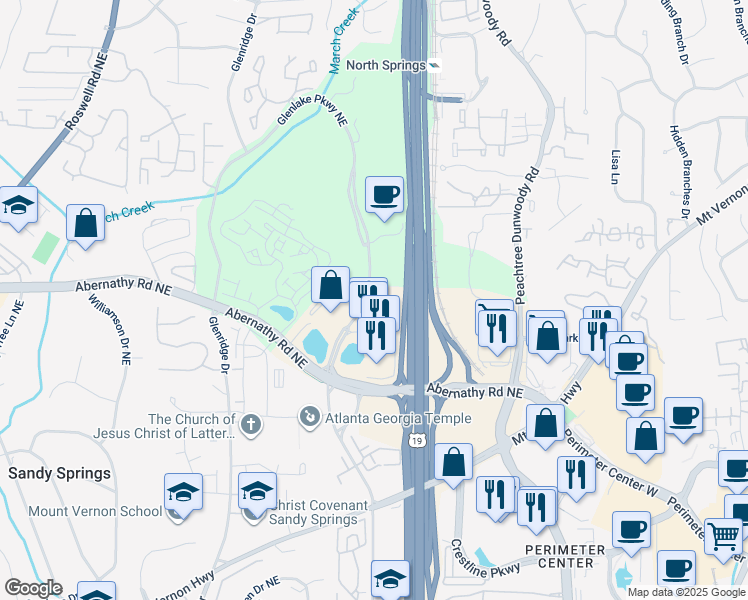 map of restaurants, bars, coffee shops, grocery stores, and more near 3 Glenlake Parkway Northeast in Sandy Springs