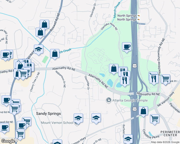 map of restaurants, bars, coffee shops, grocery stores, and more near 6666 Sterling Drive in Sandy Springs
