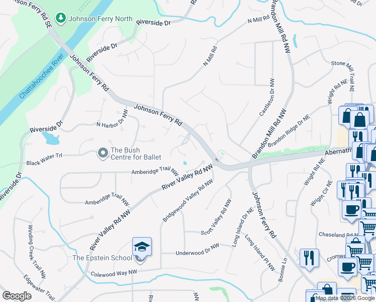 map of restaurants, bars, coffee shops, grocery stores, and more near 540 Redding View Court Northwest in Atlanta
