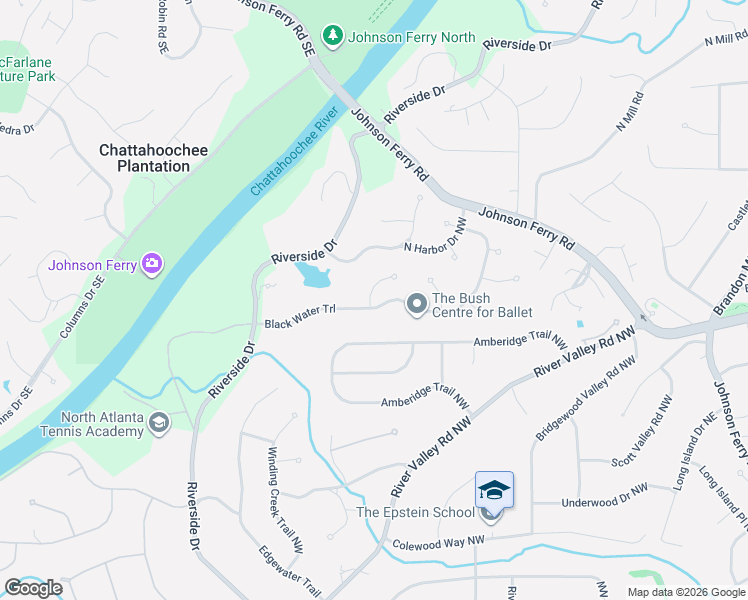 map of restaurants, bars, coffee shops, grocery stores, and more near 6165 Black Water Trail Northwest in Atlanta