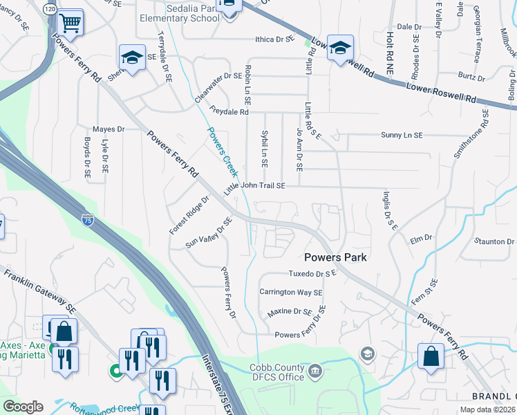 map of restaurants, bars, coffee shops, grocery stores, and more near 473 Salem Woods Drive Southeast in Marietta