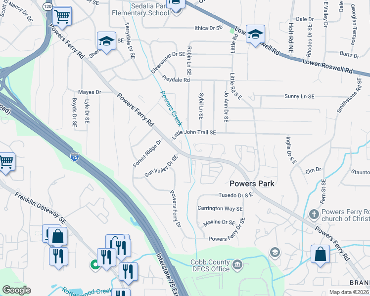 map of restaurants, bars, coffee shops, grocery stores, and more near 2240 Sun Valley Drive Southeast in Marietta