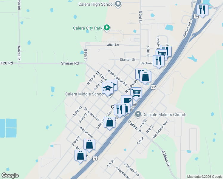 map of restaurants, bars, coffee shops, grocery stores, and more near 206 Ryan in Calera